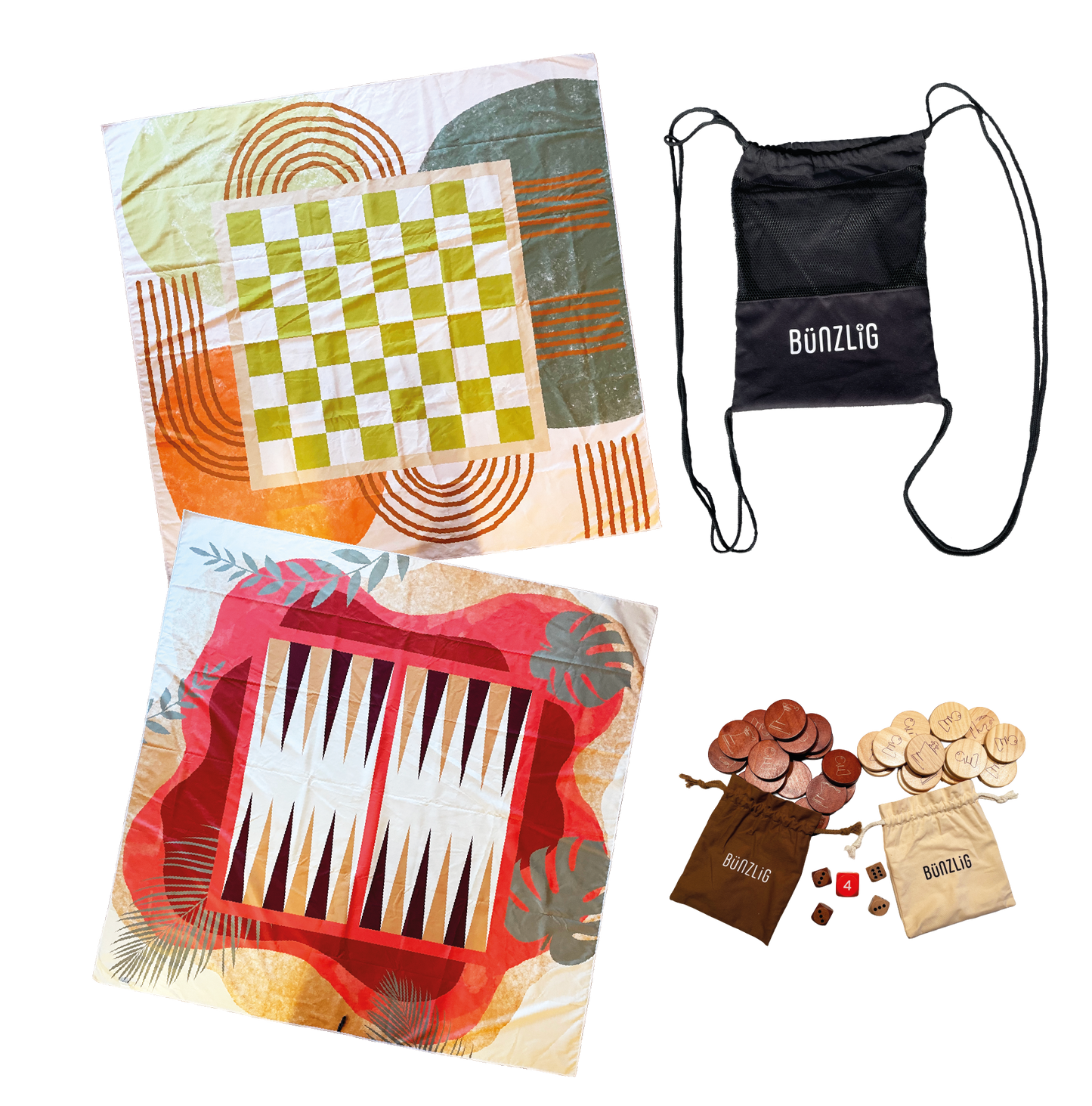 Spieltuch-Set "Backgammon, Dame und Schach" aus ca. 50 recycelten PET-Flaschen